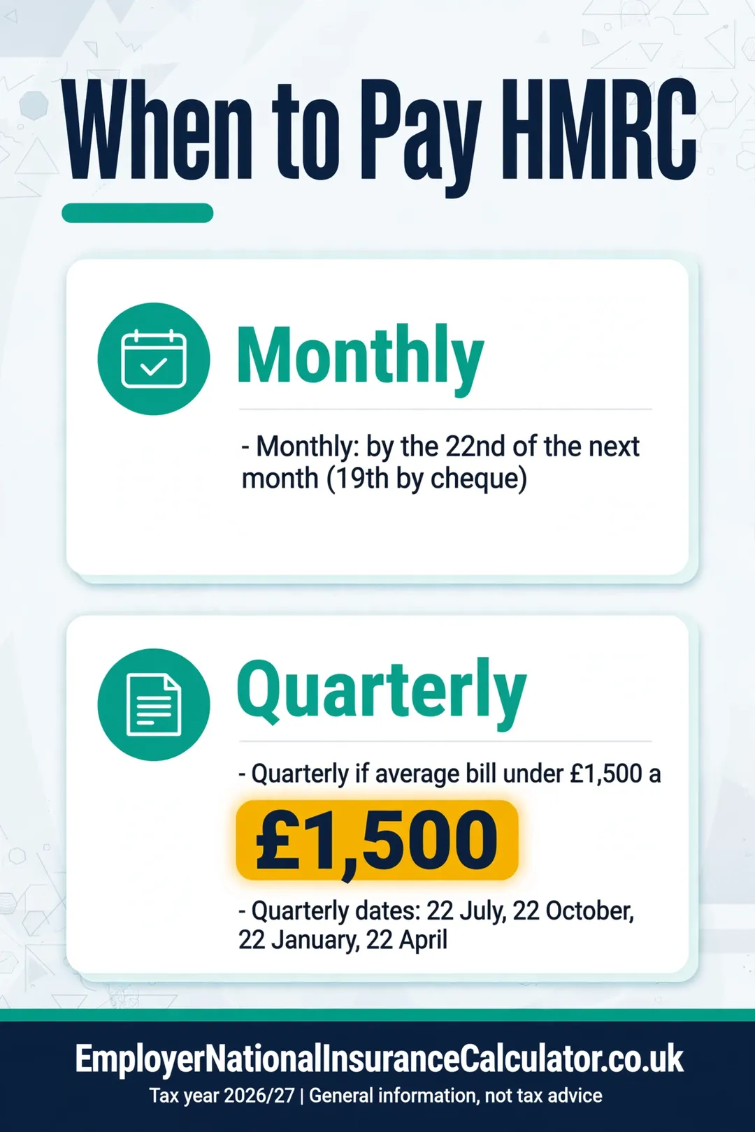 Employer NI payment deadlines: the 22nd monthly or quarterly dates for small bills.
