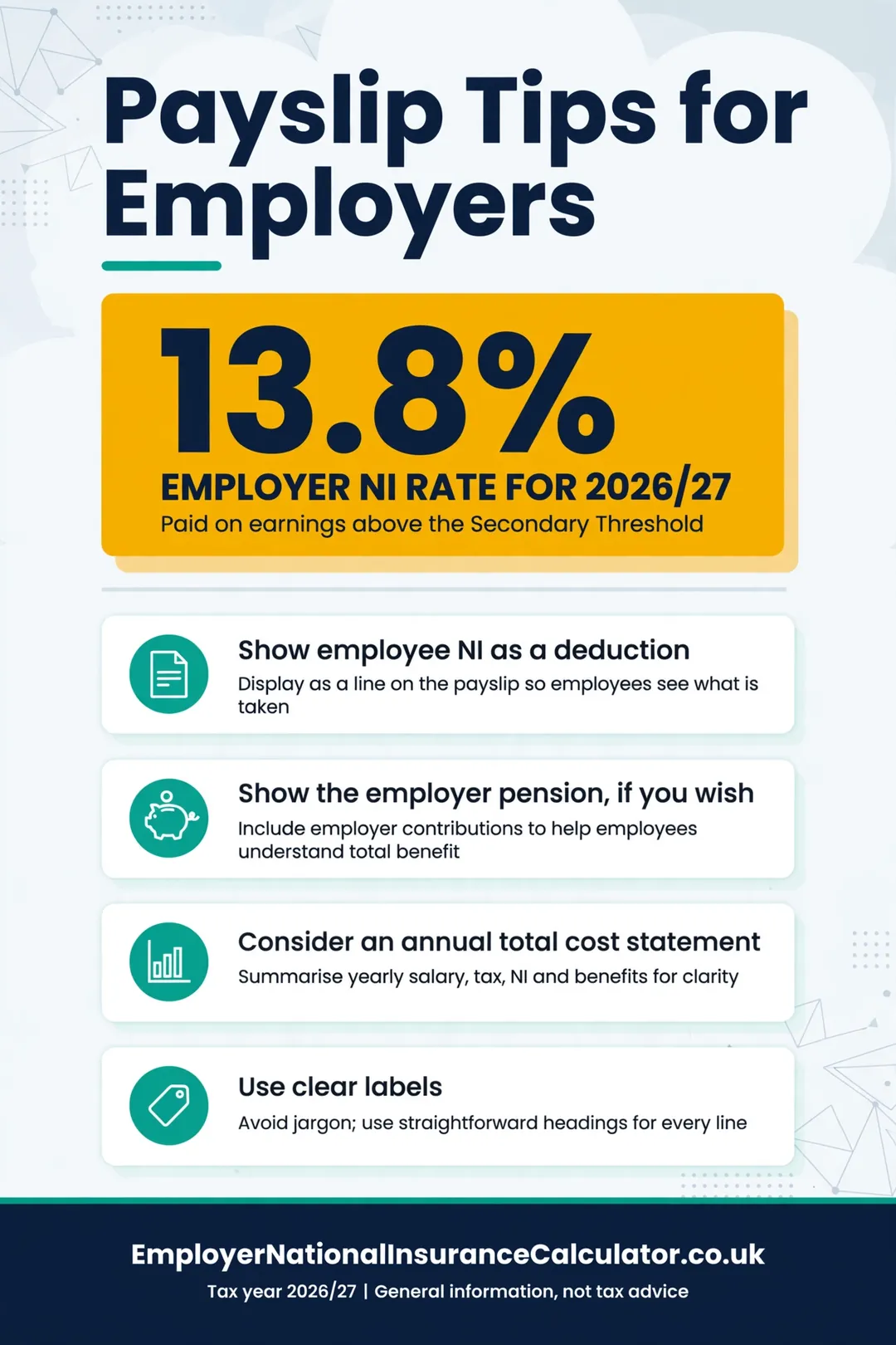 Tips for employers on payslips: show employee NI, employer pension and clear labels.